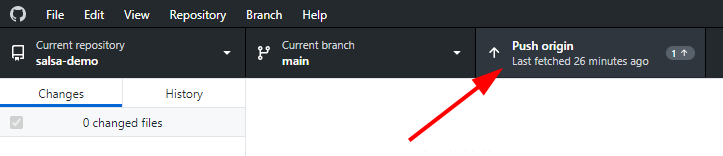 The main branch is the current branch. An arrow points to the push tab.